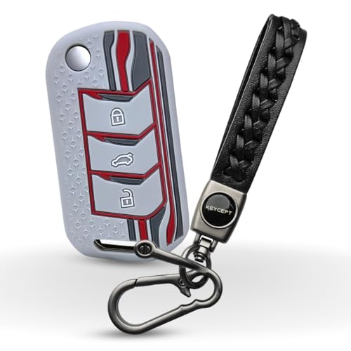 KEYCEPT Tristar Silicone Key Cover for Mahindra Scorpio N, 3XO, XUV 300, Marazzo, XUV 700, XUV 400, Bolero, Thar Roxx, TUV 300, EV 3 Button Flip Key Cover with Keychain. (Keychain 5, Grey) - Image 1