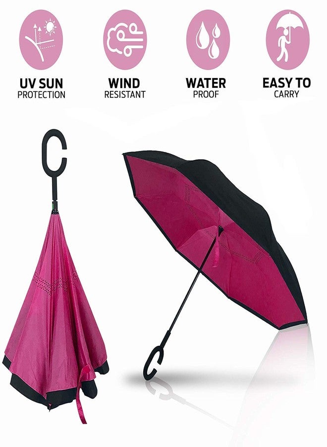 ANUGRAH MART Polyester Inverted Double Layer Self Standing Windproof UV Protection Big Straight Umbrella with C-Shaped Handle, Multicolor - Image 2