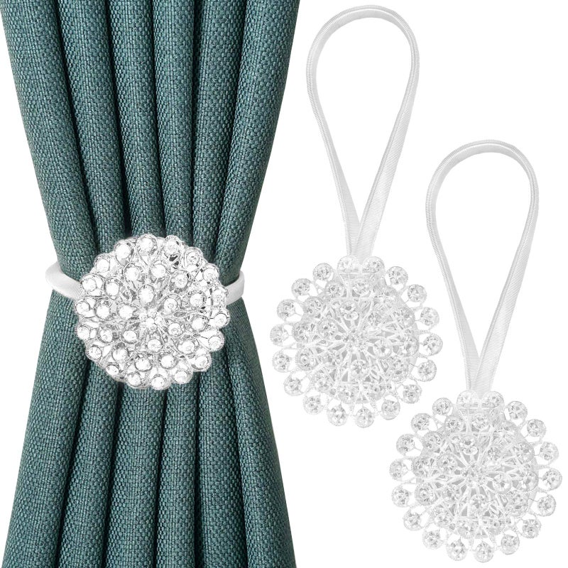Pinowu Magnetic Crystal Flower Curtain Tiebacks 2 Pack Decorative Curtain Holdback Buckle Clips with Stretchable String Rope for Bedroom Living Room Office