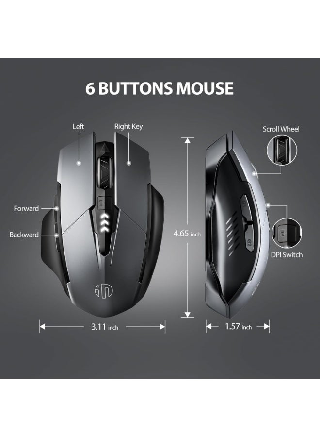 inphic 6-Button Wireless Mouse, 500mAh Rechargeable Mouse with 4-Level DPI, Silent Mouse for Office and Gaming, Optical Mouse for PC, Laptop, Computer, Grey - Image 2