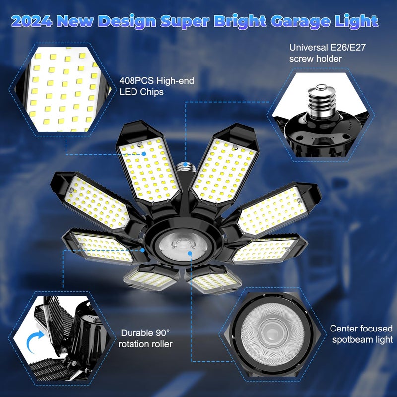 POLARPRA LED Garage Light - 2Pack Bright 50000LM Garage Lights Ceiling Led w/ 8 Deformable Panels 6500K Led Light Bulb Srew in E26/E27 Socket with Adjustable Center Spotlight for Barn Workshop Attic - Image 3
