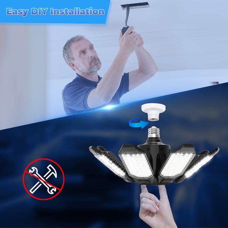 POLARPRA LED Garage Light - 2Pack Bright 50000LM Garage Lights Ceiling Led w/ 8 Deformable Panels 6500K Led Light Bulb Srew in E26/E27 Socket with Adjustable Center Spotlight for Barn Workshop Attic - Image 5