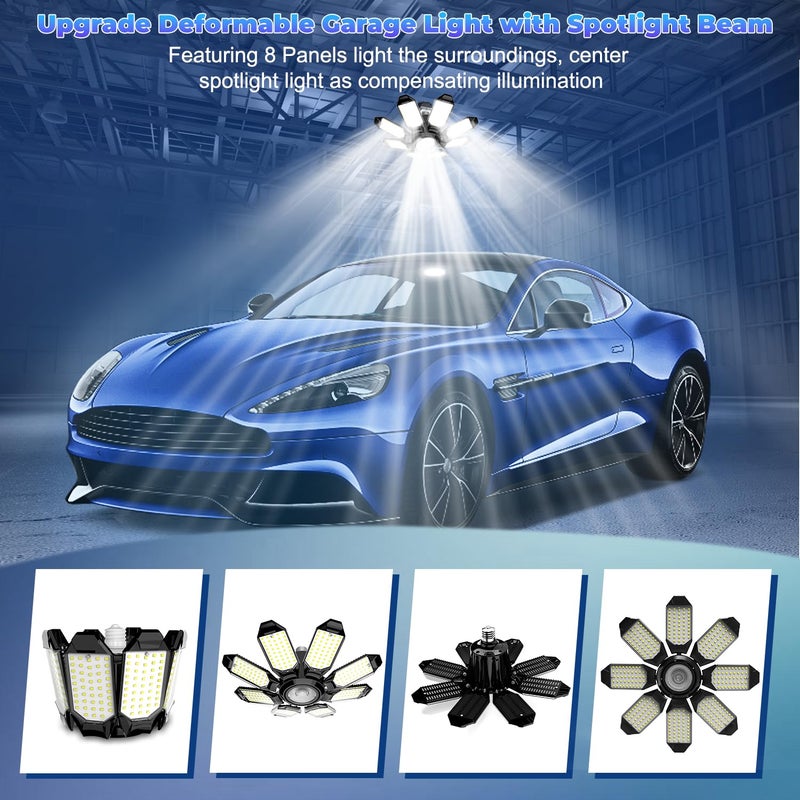 POLARPRA LED Garage Light - 2Pack Bright 50000LM Garage Lights Ceiling Led w/ 8 Deformable Panels 6500K Led Light Bulb Srew in E26/E27 Socket with Adjustable Center Spotlight for Barn Workshop Attic - Image 2