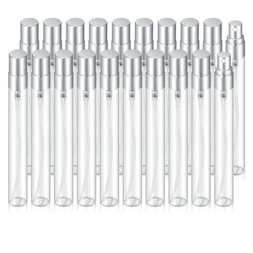 Jxcmeng 20Pcs 10ml Empty Clear Glass Mist Spray Bottle Refillable Mini Perfume Atomizer Travel Sample Bottle with Silver Aluminized Nozzle Makeup Container for Perfume 10ml Silver Caps - Image 1