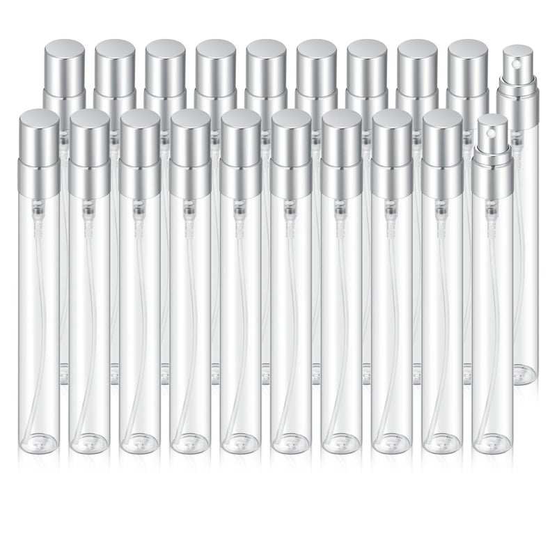 Jxcmeng 20Pcs 10ml Empty Clear Glass Mist Spray Bottle Refillable Mini Perfume Atomizer Travel Sample Bottle with Silver Aluminized Nozzle Makeup Container for Perfume 10ml Silver Caps - Image 3