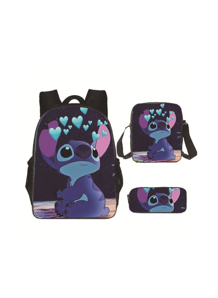 حقيبة ظهر مدرسية مكونة من ثلاث قطع من Anime Stitch لطلاب المدارس الابتدائية والثانوية ذات سعة كبيرة