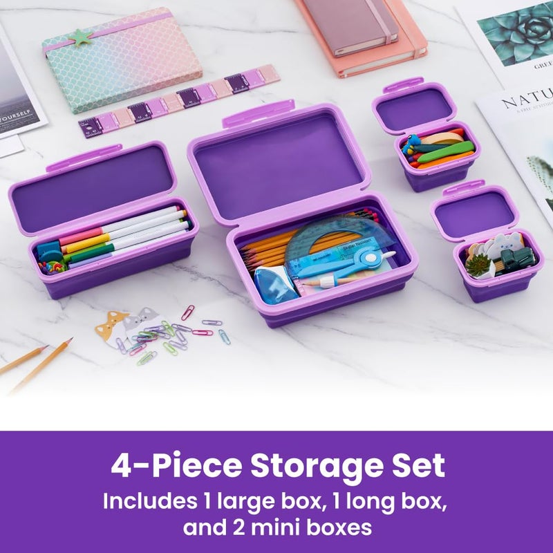 LockerMate by Bostitch Flexi Storage Box 4 Piece Kit, Collapsible Pencil Case Design for Craft and School Supplies, Purple - Image 2