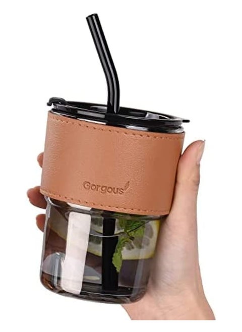 Glass Tumbler with Silicone Straw and Lid 435ml, Glass Cup with Leather Sleeve, Glass Coffee Mugs for Straw and Direct Drinking Mouth Dual Use, Summer Travel Essential Bottle (Multicolor)