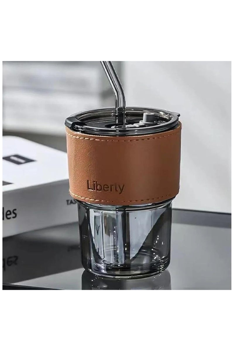 Liberty Glass Tumbler with Silicone Straw and Lid Glass Cup with Leather Sleeve, Glass Coffee Mugs for Straw and Direct Drinking Mouth Dual Use, Summer Travel Essential Bottle (Multicolor)  - Image 1