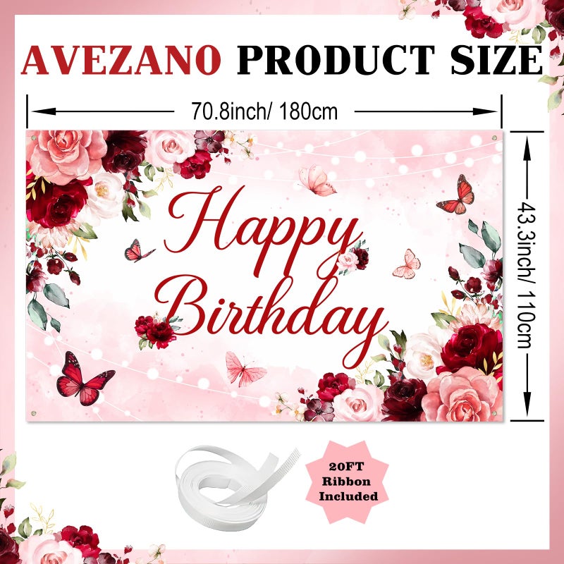 Avezano Floral Happy Birthday Banner for Women Girls Rose Gold Red Floral Birthday Party Decorations for Women Burgundy Flower B-day Party Supplies Banner (6x3.6ft) - Image 3
