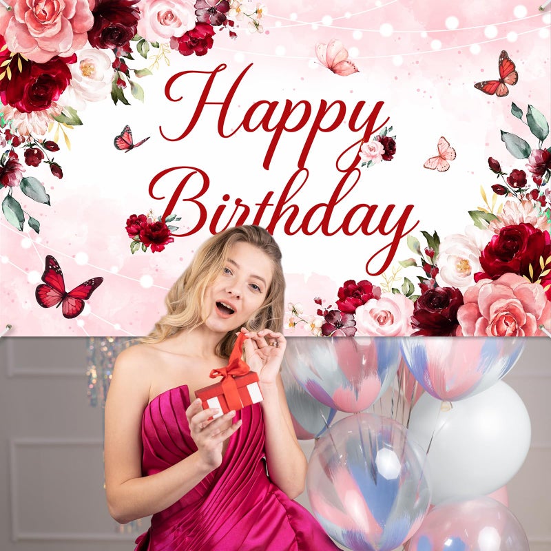 Avezano Floral Happy Birthday Banner for Women Girls Rose Gold Red Floral Birthday Party Decorations for Women Burgundy Flower B-day Party Supplies Banner (6x3.6ft) - Image 4