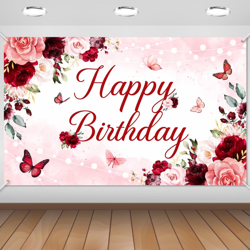 Avezano Floral Happy Birthday Banner for Women Girls Rose Gold Red Floral Birthday Party Decorations for Women Burgundy Flower B-day Party Supplies Banner (6x3.6ft) - Image 1