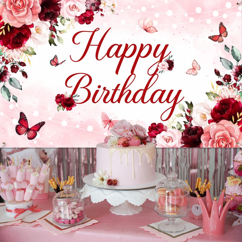 Avezano Floral Happy Birthday Banner for Women Girls Rose Gold Red Floral Birthday Party Decorations for Women Burgundy Flower B-day Party Supplies Banner (6x3.6ft) - Image 2