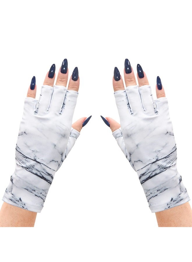 ManiGlovz Anti UV Gloves for Gel Manicures Using Gel Lamp Dryers, Driving, Lounging and More, Fingerless Gloves That Shield Skin from the Sun and Nail Lamp, Outdoor Gloves, White Marble Print - Image 1