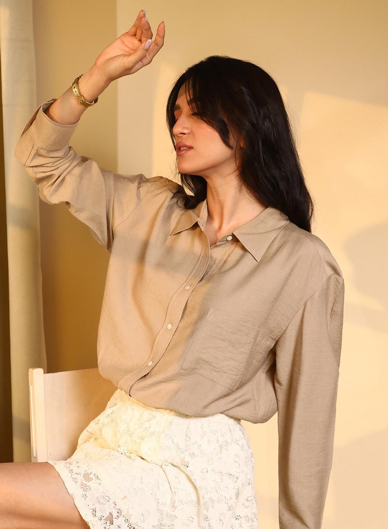 PINACOLADA Women's Tan Brown Solid Wrinkled Shirt - Image 2