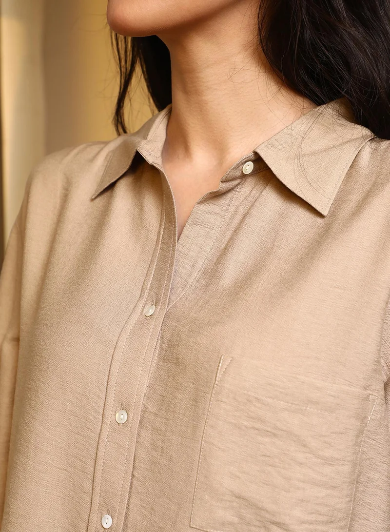 PINACOLADA  Women's Tan Brown Solid Wrinkled Shirt for Women | Best Price UAE