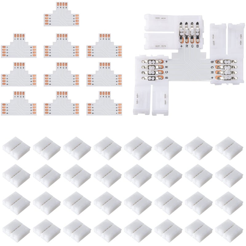 JACKYLED T Shape 4Pin LED Connectors 10Pack 10mm Wide Unwired Solderless Gapless Adapter Connectors Terminal Extension 12V 72W with 32pcs Clips for 5050 3528 SMD RGB LED Strip Lights
