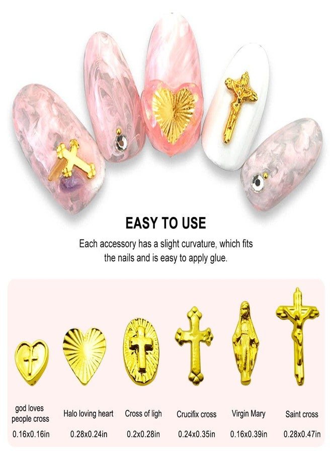 Fokostar 60Pcs Gold Cross Nail Charms for Nails Art Design Metal Luxury Jewels Decoration Gems Retro Chrome Gothic Accessories Vintage Nail Craft Heart Jewelry DIY Punk Style Holy Logo Decor Jesus Virgin Mary - Image 3
