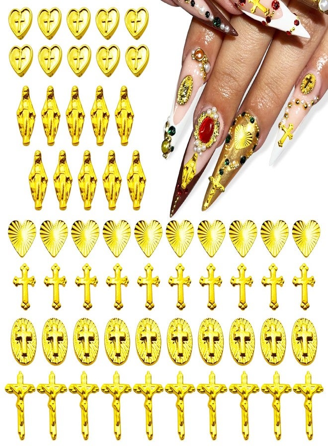 Fokostar 60Pcs Gold Cross Nail Charms for Nails Art Design Metal Luxury Jewels Decoration Gems Retro Chrome Gothic Accessories Vintage Nail Craft Heart Jewelry DIY Punk Style Holy Logo Decor Jesus Virgin Mary - Image 2