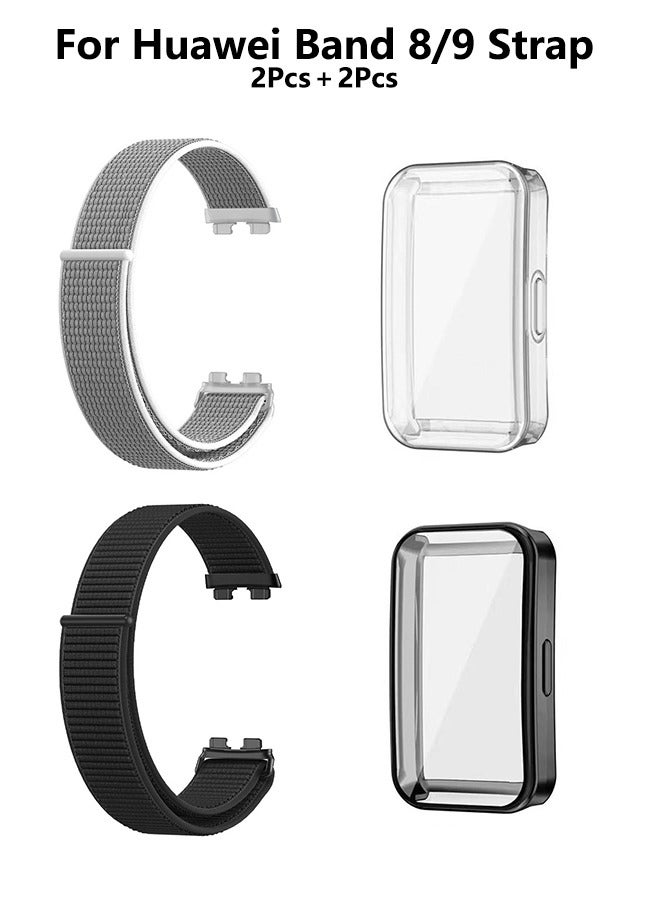 OLYSON 2Pcs Nylon Watch band For Huawei Band 10/9/8 Strap, 2Pcs Protective Shell Suitable For Huawei Band 10/9/8, Smart Watch Wristband Bracelet Wrist Strap Sport Replacement，Transparent Protective Shell and Black Protective Shell.(Seashell Color, Black) - Image 1