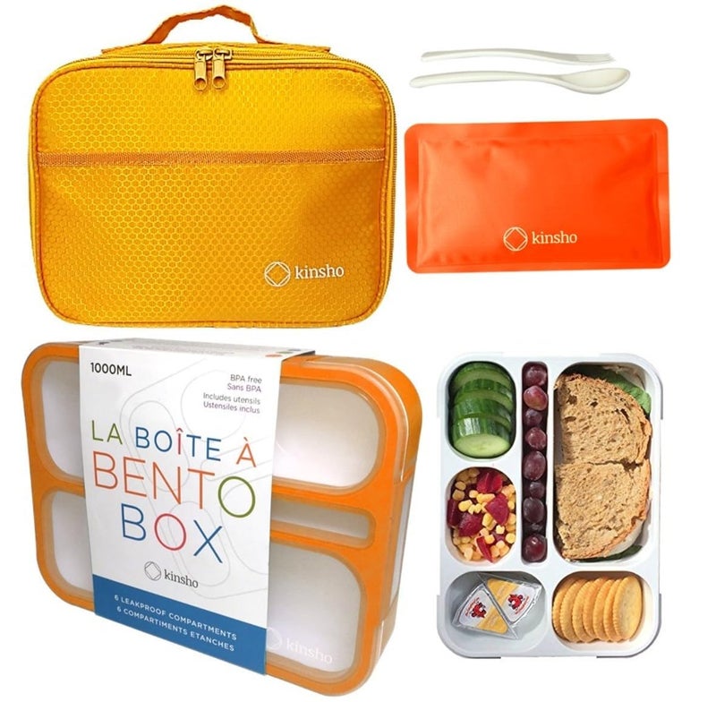BentoBox with Bag and Ice Pack Lunch Boxes Snack Containers for Kids Boys Girls Adults 6 Compartments Leakproof Portion Container Boxes Insulated Bags for School Lunches BPA Free Orange