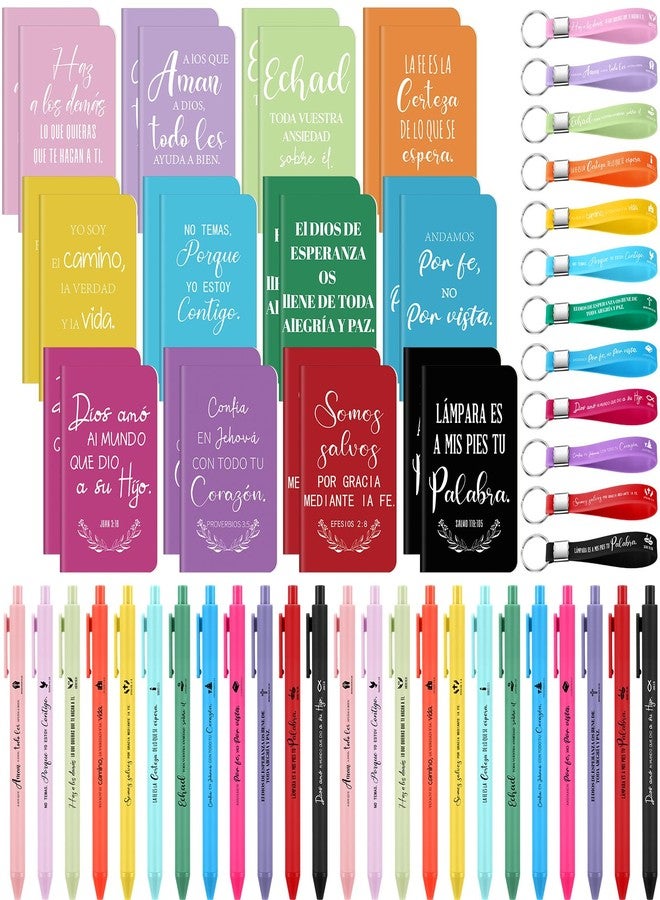 Epakh 72 Pcs Easter Spanish Christian Gift Bulk Religious Journal Notebook Bible Verse Retractable Ballpoint Pen Inspirational Quote Keychain for Adult Church Sunday School Office Favor(Multicolor) - Image 1