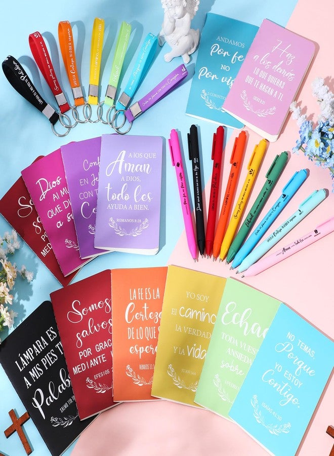 Epakh 72 Pcs Easter Spanish Christian Gift Bulk Religious Journal Notebook Bible Verse Retractable Ballpoint Pen Inspirational Quote Keychain for Adult Church Sunday School Office Favor(Multicolor) - Image 3