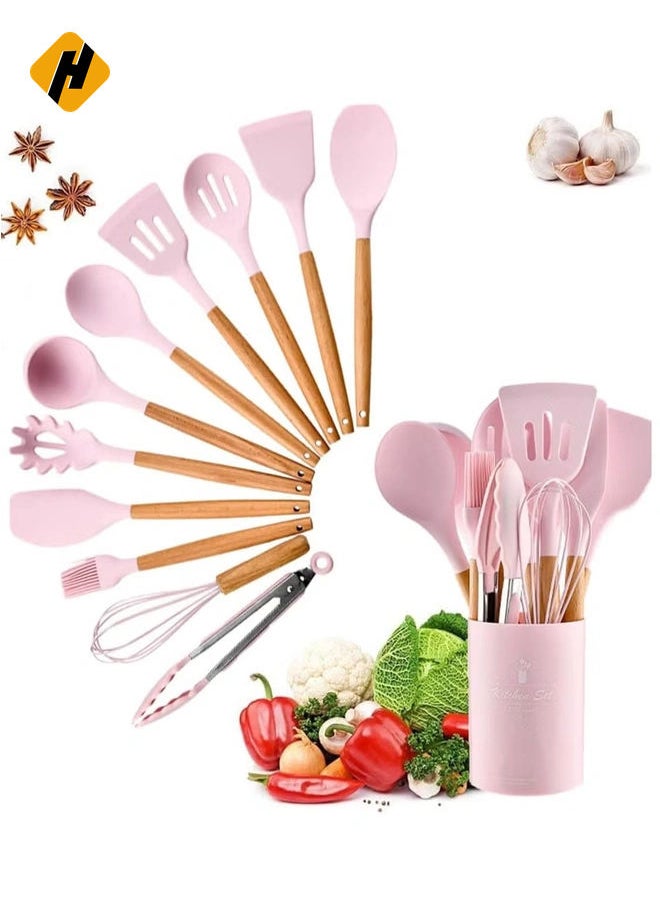 هوها 12 pcs سيليكون طبخ المطبخ أدوات المطبخ العرب المقاوم للحرارة مقاومة خشبية أداة الطبخ BPA الحرة غير السامة تيرنر تيرنر ملعقة ملعقة ملعقة أدوات المطبخ  - Image 1