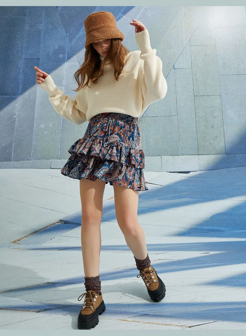 KOTON Patterned Drawstring Frill Mini Skirt