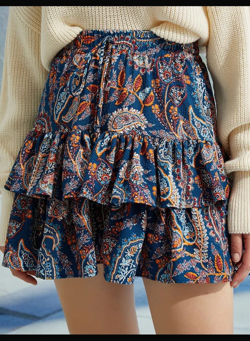 KOTON Patterned Drawstring Frill Mini Skirt