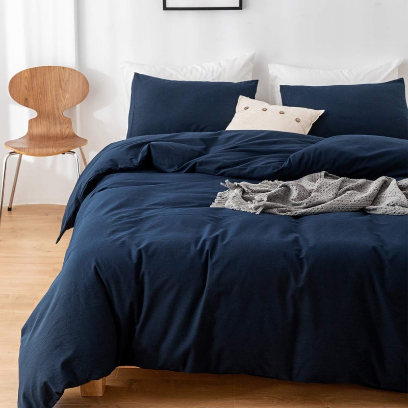 ECOCOTT ECOCOTT Navy Blue Duvet Cover Super King Size - 100% Washed Cotton Durable Soft Comfy Duvet Cover Set  3 Pieces Duvet Cover with Zipper Closure (108''x98'')  - Image 3