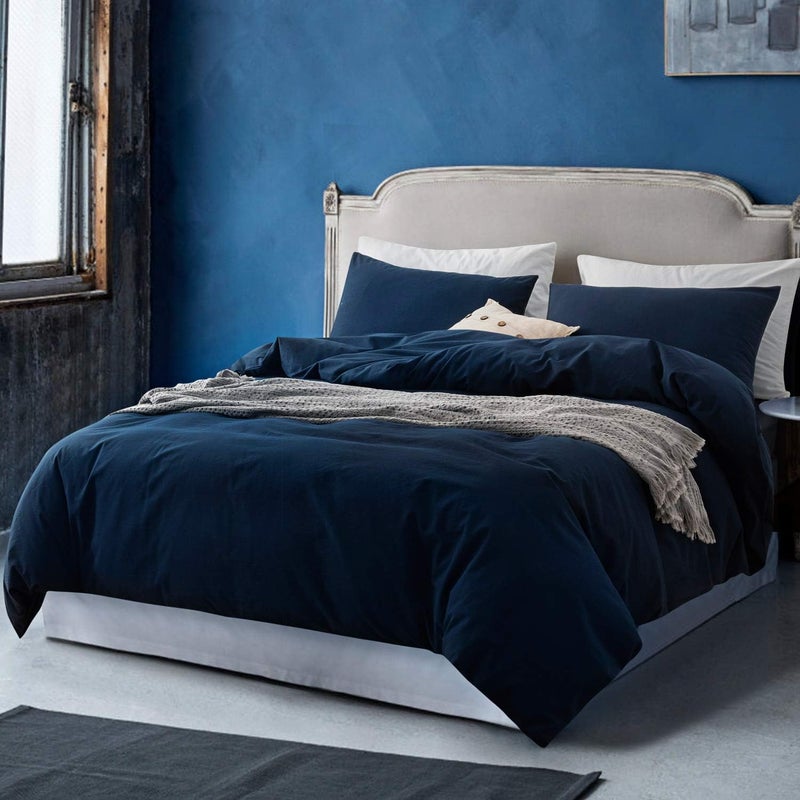 ECOCOTT ECOCOTT Navy Blue Duvet Cover Super King Size - 100% Washed Cotton Durable Soft Comfy Duvet Cover Set  3 Pieces Duvet Cover with Zipper Closure (108''x98'')  - Image 2