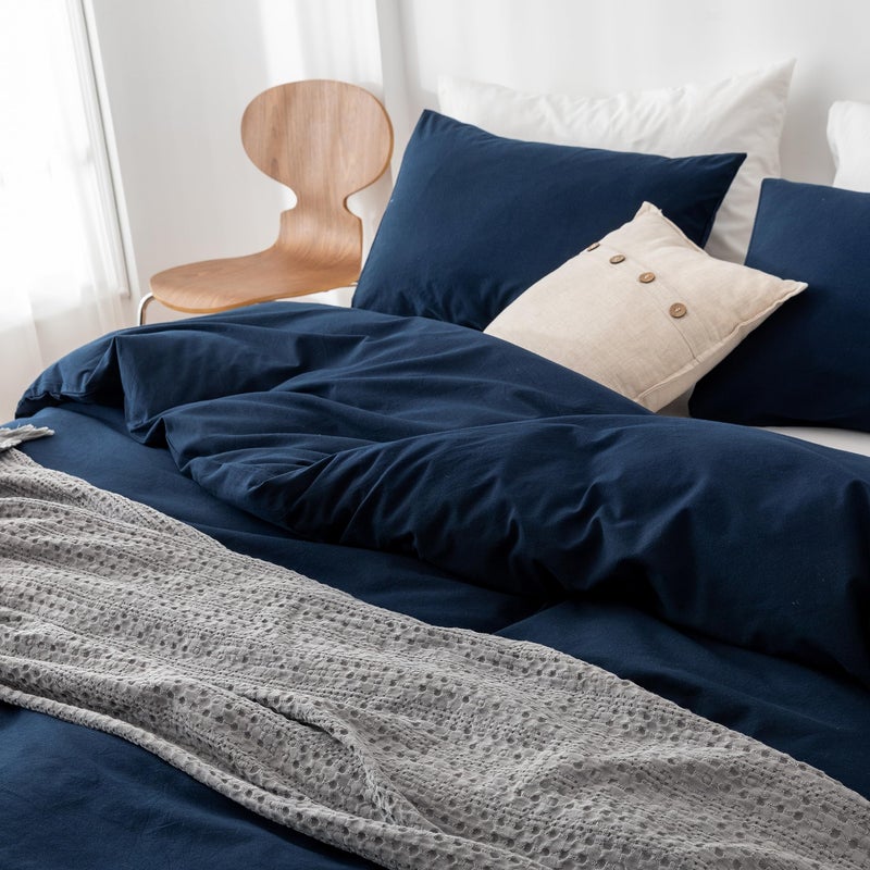 ECOCOTT ECOCOTT Navy Blue Duvet Cover Super King Size - 100% Washed Cotton Durable Soft Comfy Duvet Cover Set  3 Pieces Duvet Cover with Zipper Closure (108''x98'')  - Image 5