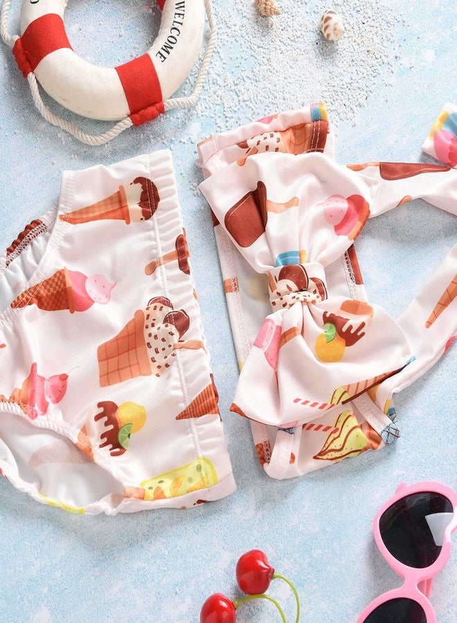 Aalizzwell Baby Girl Bathing Suit, Toddler Girls Two Piece Swimsuit Halter Top Bikini Bottoms Swimming Suit (Khaki - Ice Cream, 3-4T) - Image 2