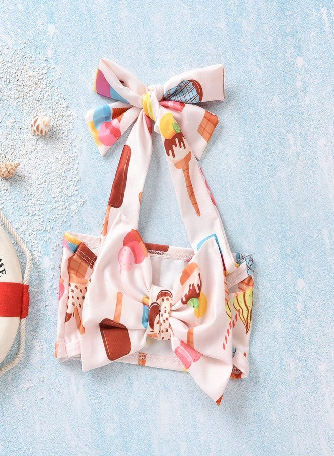 Aalizzwell Baby Girl Bathing Suit, Toddler Girls Two Piece Swimsuit Halter Top Bikini Bottoms Swimming Suit (Khaki - Ice Cream, 3-4T) - Image 3
