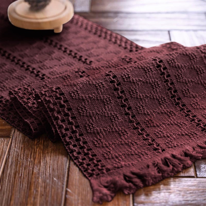 Alynsehom Macrame Table Runner Burgundy Boho Table Runners with Tassels Hand Woven Cotton Table Runner Rustic Farmhouse Table Runners for Bohemian Kitchen Dining Table(12x36in) - Image 1
