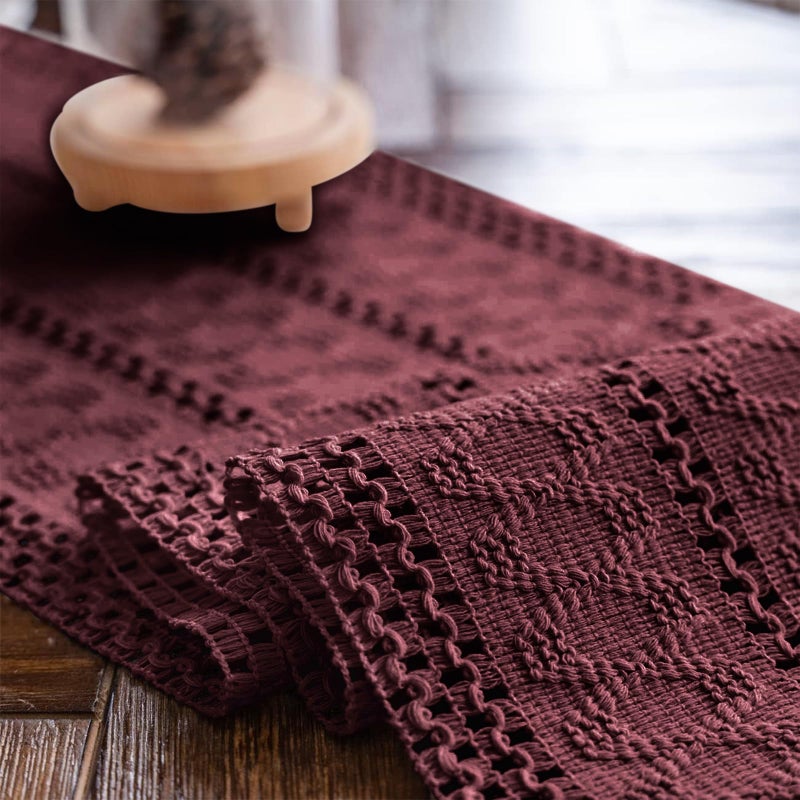 Alynsehom Macrame Table Runner Burgundy Boho Table Runners with Tassels Hand Woven Cotton Table Runner Rustic Farmhouse Table Runners for Bohemian Kitchen Dining Table(12x36in) - Image 5