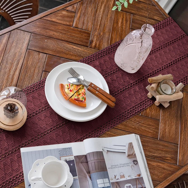 Alynsehom Macrame Table Runner Burgundy Boho Table Runners with Tassels Hand Woven Cotton Table Runner Rustic Farmhouse Table Runners for Bohemian Kitchen Dining Table(12x36in) - Image 2