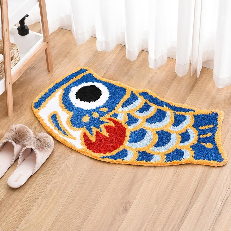 Feblilac Cute Fish Bath Mat For Bathroom Japanese Koi Flag Soft Water Absorbent NonSlip Machine Washable Blue