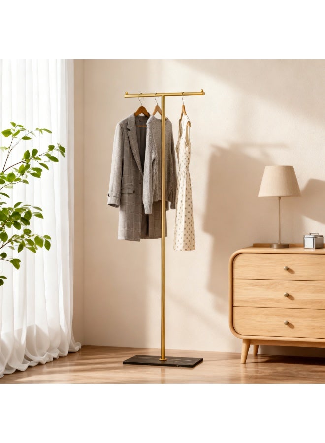 YQbest Gold Coat Rack Freestanding, Metal T-Shaped Coat Hanger with Crossbar & Marble Base, Modern Coat Stand for Entryway, Bedroom, Living Room, Office - Ideal for Hanging Coats, Hats, Scarves & Bags - Image 1