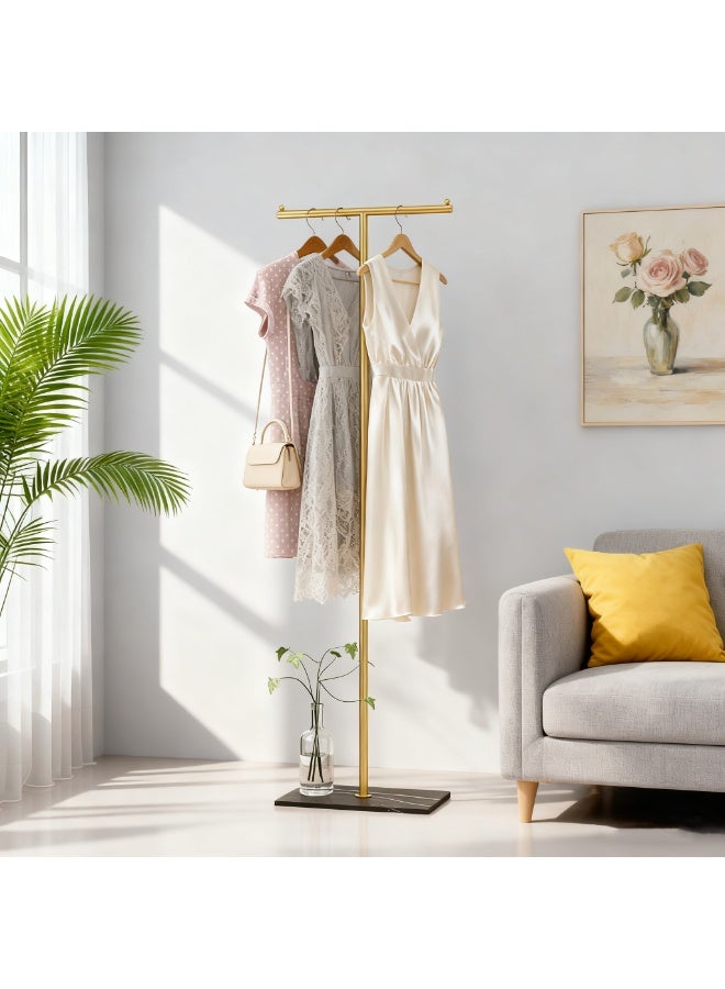 YQbest Gold Coat Rack Freestanding, Metal T-Shaped Coat Hanger with Crossbar & Marble Base, Modern Coat Stand for Entryway, Bedroom, Living Room, Office - Ideal for Hanging Coats, Hats, Scarves & Bags - Image 2