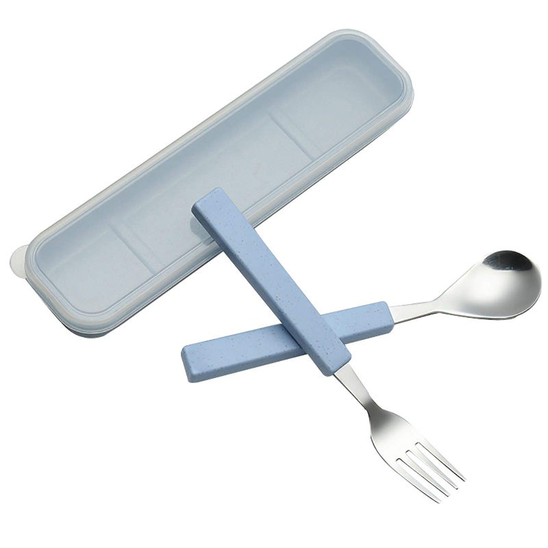 VANRA 2Piece Children Flatware Set 1810 Stainless Steel Child Tableware Set Silver Cutlery Set Silverware Dinner Utensils Spoon Fork Set with Travel Case for Kids Chrome Finished Blue