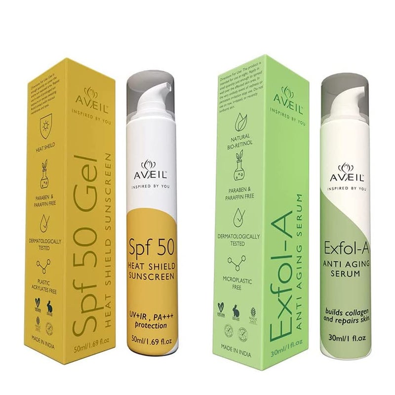 AVEIL Heat Shield SPF 50 Gel Sunscreen 50 ml  ExfolA Anti Aging Face Serum 30 ml Combo Pack With Collagen Building  Overnight Repair  Firming Formula  For All Skin Types - Image 5