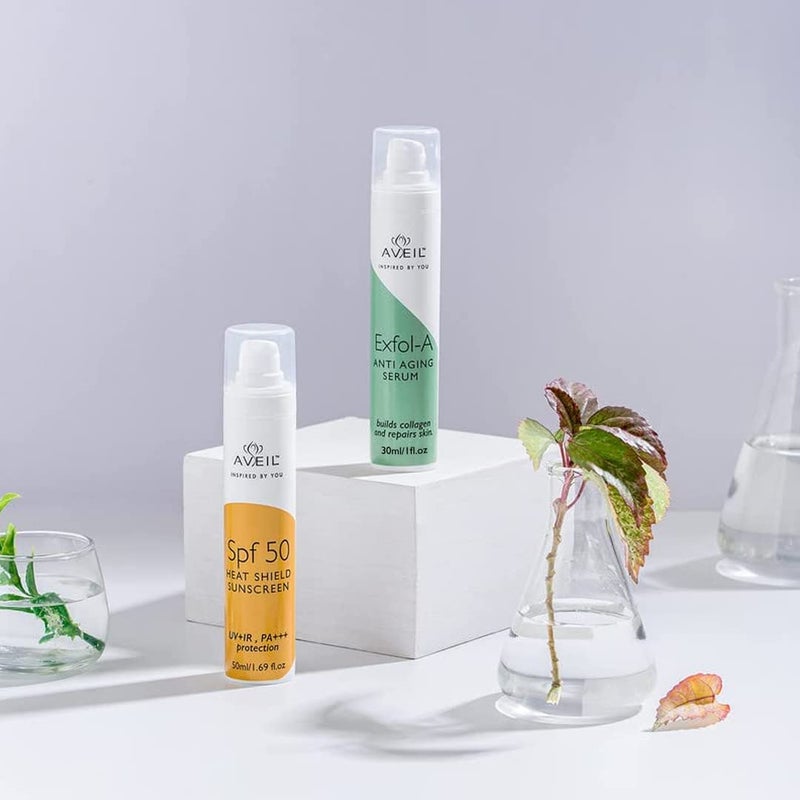 AVEIL Heat Shield SPF 50 Gel Sunscreen 50 ml  ExfolA Anti Aging Face Serum 30 ml Combo Pack With Collagen Building  Overnight Repair  Firming Formula  For All Skin Types - Image 2