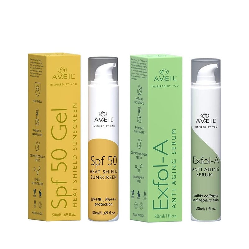 AVEIL Heat Shield SPF 50 Gel Sunscreen 50 ml  ExfolA Anti Aging Face Serum 30 ml Combo Pack With Collagen Building  Overnight Repair  Firming Formula  For All Skin Types - Image 1