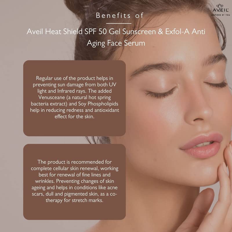 AVEIL Heat Shield SPF 50 Gel Sunscreen 50 ml  ExfolA Anti Aging Face Serum 30 ml Combo Pack With Collagen Building  Overnight Repair  Firming Formula  For All Skin Types - Image 4