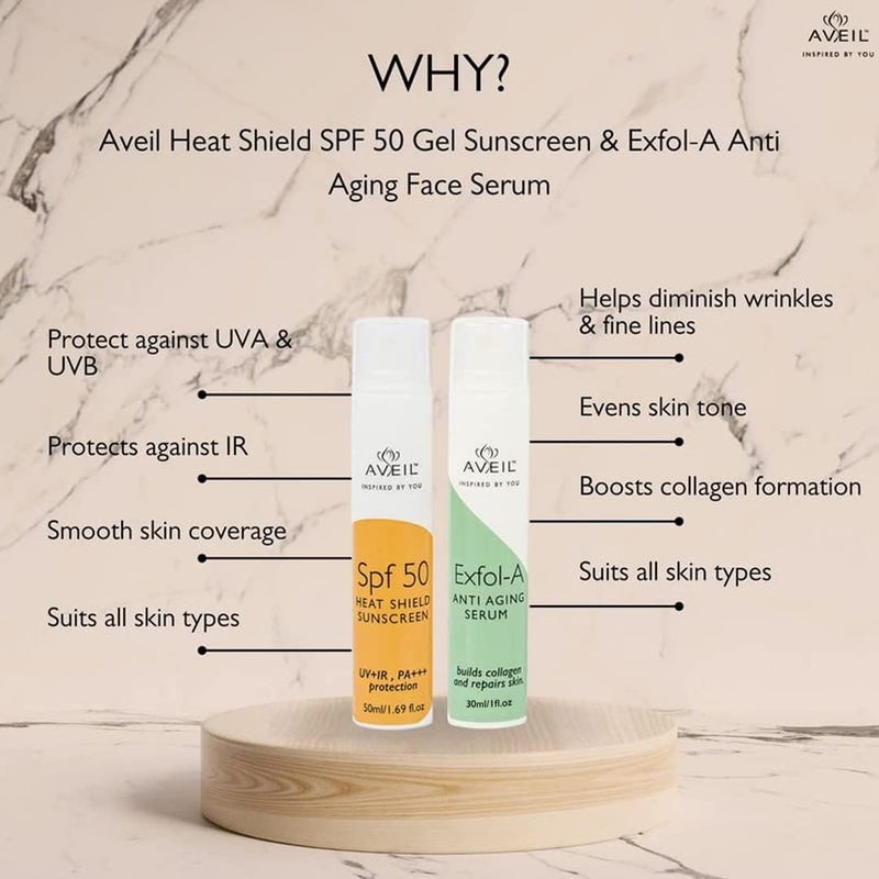 AVEIL Heat Shield SPF 50 Gel Sunscreen 50 ml  ExfolA Anti Aging Face Serum 30 ml Combo Pack With Collagen Building  Overnight Repair  Firming Formula  For All Skin Types - Image 3
