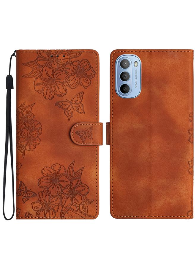 اس-توب جراب لهاتف Motorola Moto G31 / G41، جراب هاتف من الجلد المنقوش بنقشة زهور الكرز والفراشة من مادة البولي يوريثان - Image 1