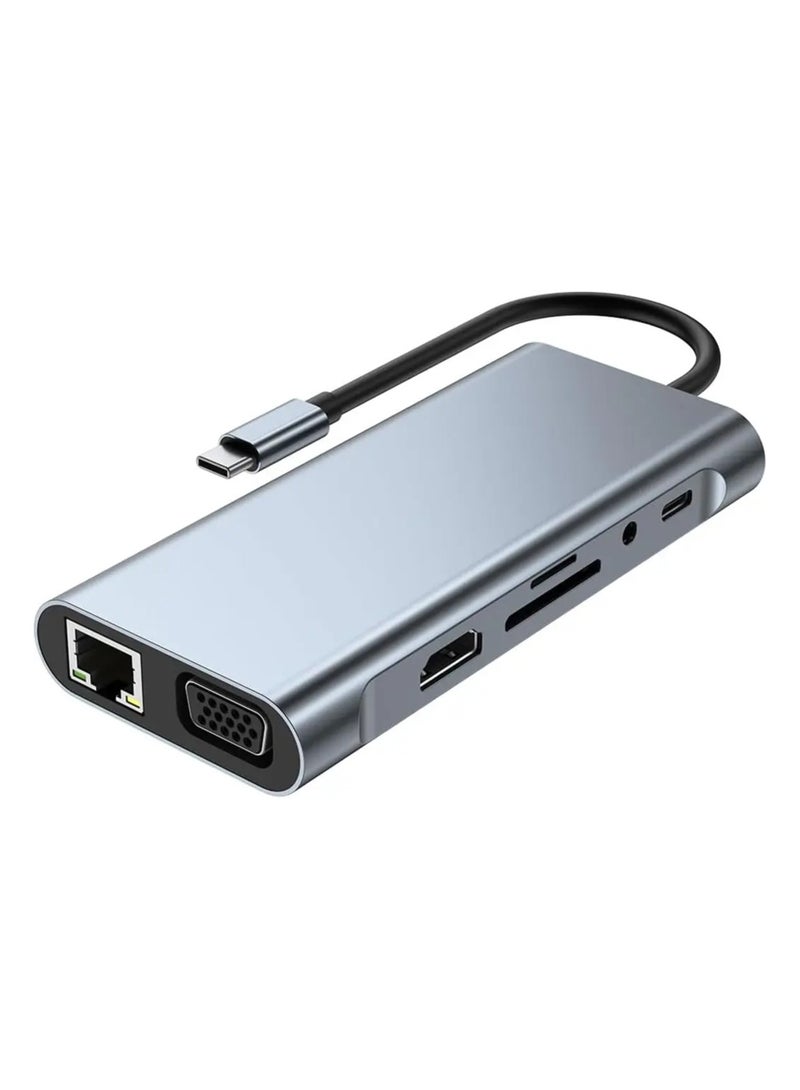 USB-C 11-in-1 Hub – with 4K HDMI, VGA, Type-C PD, USB 3.0, RJ45 Ethernet, SD/TF Card Reader, and 3.5mm AUX Port - Image 1