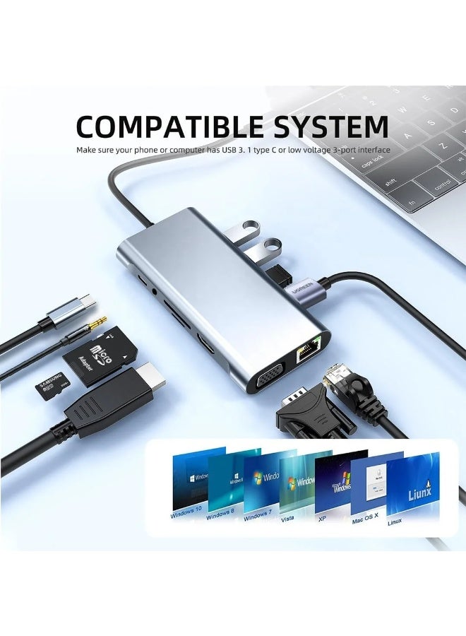 USB-C 11-in-1 Hub – with 4K HDMI, VGA, Type-C PD, USB 3.0, RJ45 Ethernet, SD/TF Card Reader, and 3.5mm AUX Port - Image 5